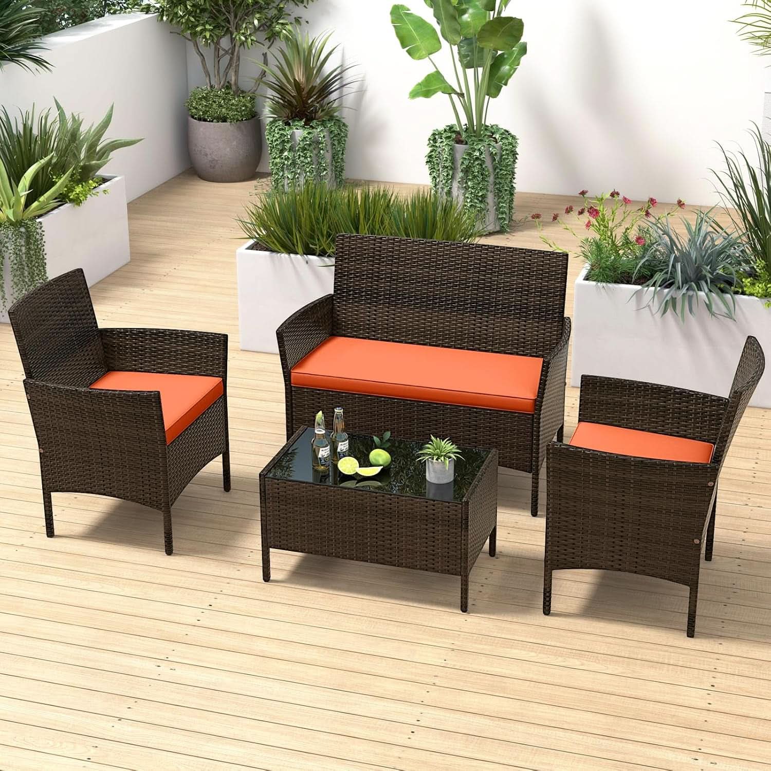 Elegant Rattan Patio Furniture Set with Cushions and Table