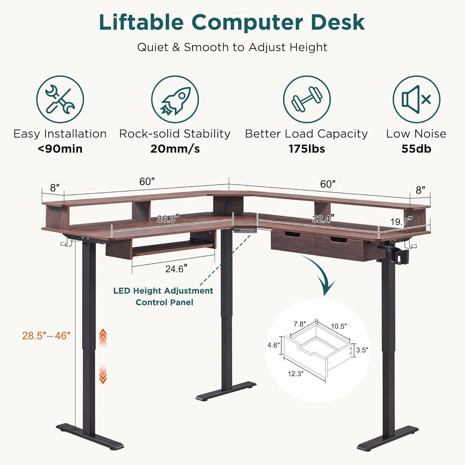 60 Inch Elevated Electric Standing Desk Dark Walnut